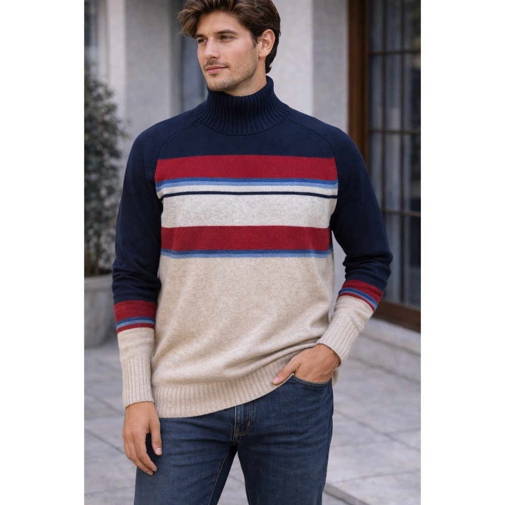 Pendleton Mens Lambswool Blend‎ Turtleneck Sweater Navy Red Striped Raglan Small